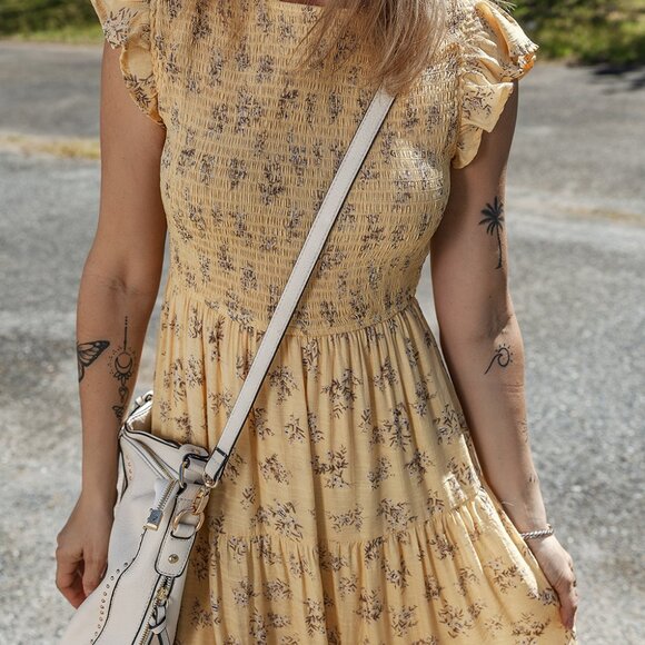 B265 Yellow Boho Floral Print Ruffle Smocked Flowy Summer Dress - Picture 2 of 12